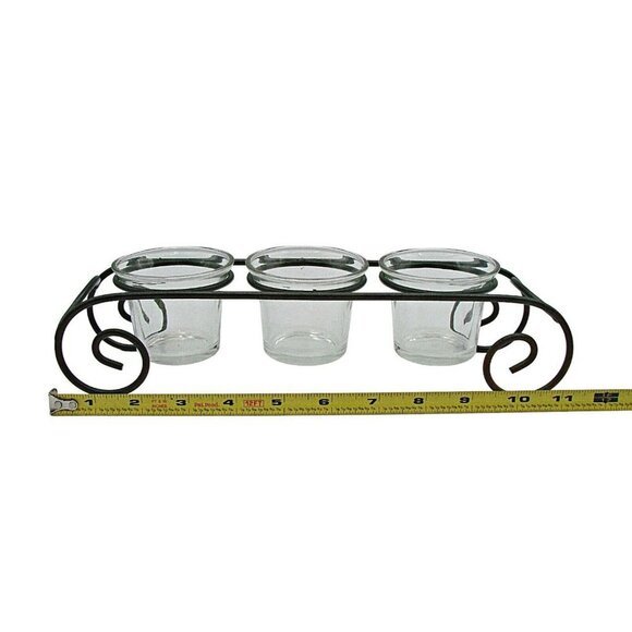 Glass Candle Holder 3 Votive Iron Scroll Mantle Staging Decor Housewarming 11X3" - Picture 7 of 12